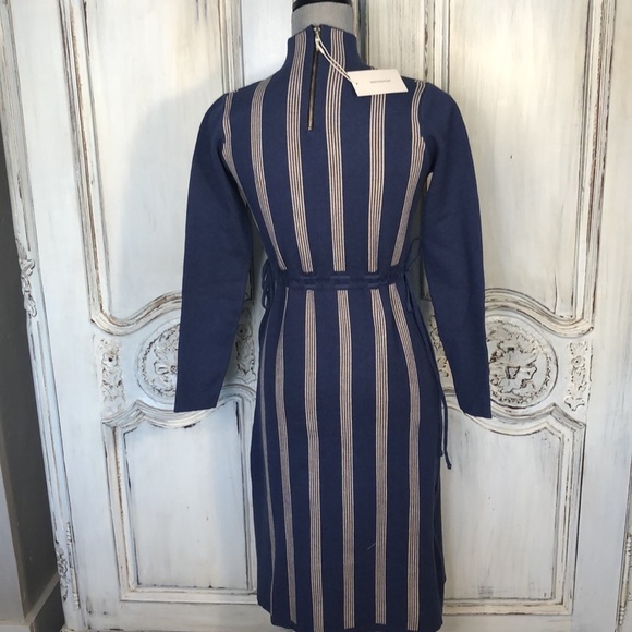 New Fashion Cadet Blue with Cream Strips Mock Neck Self Belts Long Sleeve Dress - Picture 9 of 12